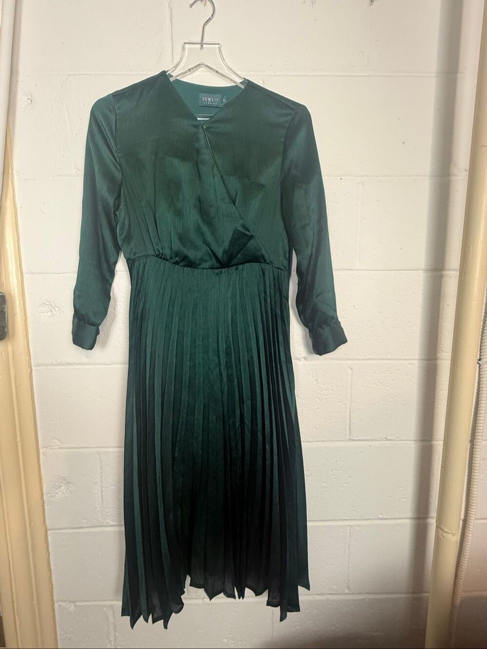Sewlip Fashion Emerald Green Faux Wrap Top Pleated Surplice Midi Dress Small Mod
